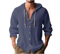 Mens Linen Hoodies Clearance,Men Lapel Long Sleeve Button Down Linen Shirt Summer Solid Color Breathable Drawstring Hooded Cardigan Office Casual Loose Blouses Holiday Clothes Tops UK Size S-3XL