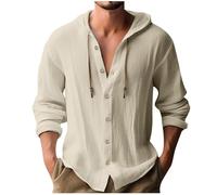 Mens Linen Hoodies Clearance,Men Lapel Long Sleeve Button Down Linen Shirt Summer Solid Color Breathable Drawstring Hooded Cardigan Office Casual Loose Blouses Holiday Clothes Tops UK Size S-3XL