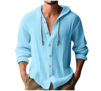 Mens Linen Hoodies Clearance,Men Lapel Long Sleeve Button Down Linen Shirt Summer Solid Color Breathable Drawstring Hooded Cardigan Office Casual Loose Blouses Holiday Clothes Tops UK Size S-3XL