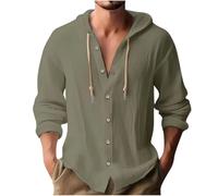 Mens Linen Hoodies Clearance,Men Lapel Long Sleeve Button Down Linen Shirt Summer Solid Color Breathable Drawstring Hooded Cardigan Office Casual Loose Blouses Holiday Clothes Tops UK Size S-3XL