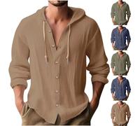 Mens Linen Hoodies Clearance,Men Lapel Long Sleeve Button Down Linen Shirt Summer Solid Color Breathable Drawstring Hooded Cardigan Office Casual Loose Blouses Holiday Clothes Tops UK Size S-3XL