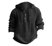 Mens Linen Hoodies Clearance,Men Linen Long Sleeve Lapel Button Henley Shirt with Pockets Pullover Tees Summer Solid Color Breathable Drawstring Hooded Tops Holiday Casual Loose Blouses UK Size S-3XL
