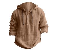 Mens Linen Hoodies Clearance,Men Linen Long Sleeve Lapel Button Henley Shirt with Pockets Pullover Tees Summer Solid Color Breathable Drawstring Hooded Tops Holiday Casual Loose Blouses UK Size S-3XL