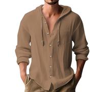 Mens Linen Hoodies Thin Lightweight Long Sleeve Button Down Hooded Shirts Summer Casual Drawstring Plain Hoody Tops Solid Color Comfy Pullover Sweatshirts Hippie Beach Holiday Work Tshirt