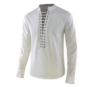 Men's Linen Long Sleeve Pirate Shirt with Lace Up Drawstring Neck Medieval Renaissance Pirate Blouse Costumes Halloween Gothic Top Victorian Outfit History Buffs Cosplay Events White