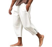 Men's Linen Pants Casual Summer Beach Loose Yoga Capri Pants Lightweight Baggy Cropped Trousers Harem 3/4 Length Pant Elastic Waist Drawstring Lounge Trousers White