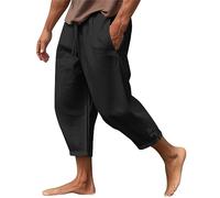 Men's Linen Pants Casual Summer Beach Loose Yoga Capri Pants Lightweight Baggy Cropped Trousers Harem 3/4 Length Pant Elastic Waist Drawstring Lounge Trousers Black
