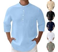 Men's Linen Shirt Henley Shirt with 3/4 Sleeves Long Sleeve Casual Shirts Summer Beach Casual T-Shirt for Holiday Beach Summer Shirt with Buttons Stand-Up Collar Plain Business Shirt Festival, khaki