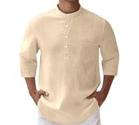 Men's Linen Shirt Henley Shirt with 3/4 Sleeves Long Sleeve Casual Shirts Summer Beach Casual T-Shirt for Holiday Beach Summer Shirt with Buttons Stand-Up Collar Plain Business Shirt Activewear Coat