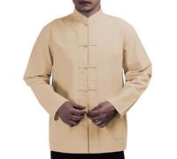 Mens Linen Shirt Mandarin Collar Mens Chinese Tang Suit Chinese Style Formal Shirt Loose Fit Hanfu Shirts Retro Kungfu Shirts Tang Dynasty Plate Buckle Tops Vintage Dress Tops For Spring Festival
