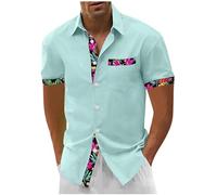 Mens Linen Shirt Short Sleeve Floral Printed Patchwork Button Down Hawaiian Shirts Regular Fit Solid Color Casual Summer Blouse Beach Holiday Tops Lightweight Breathable T-Shirt Outdoor