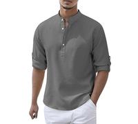 Men's Linen Shirt Short Sleeve Grandad Collar Collarless Henley Shirts Men Solid Color Casual Summer Beach Holiday Button Down Tops Dark Gray 5XL
