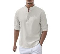 Men's Linen Shirt Short Sleeve Grandad Collar Collarless Henley Shirts Men Solid Color Casual Summer Beach Holiday Button Down Tops Grey M