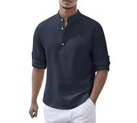 Men's Linen Shirt Short Sleeve Grandad Collar Collarless Henley Shirts Men Solid Color Casual Summer Beach Holiday Button Down Tops Navy 5XL