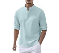 Men's Linen Shirt Short Sleeve Grandad Collar Collarless Henley Shirts Men Solid Color Casual Summer Beach Holiday Button Down Tops Blue 5XL