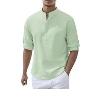 Men's Linen Shirt Short Sleeve Grandad Collar Collarless Henley Shirts Men Solid Color Casual Summer Beach Holiday Button Down Tops Green S