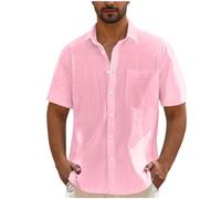 Mens Linen Shirt Short Sleeve Last Minute Deals Solid Color Button Down Beach Causual Cotton Shirts with Front Pocket Summer Hawaiian Holiday Tops Regular Fit Short Sleeved Shirts for Men Adult