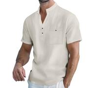 Mens Linen Shirt Short Sleeve - Plain Breathable Henley T Shirt Summer Beach Shirts Lightweight Grandad Collar Shirts Formal Casual Tops with Pocket Summer Tshirts Beige