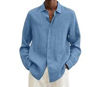 Mens Linen Shirts Button Down Short Sleeve Casual Shirt Solid Turndown Grandad Shirt Regular Fit Cotton Linen Blouse Formal Shirt Summer T-Shirt Tops UK Sale Clearance Size M-5XL Light Blue