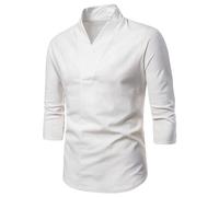 Mens Linen Shirts Chinese Style 3/4 Length Sleeves Tops Button Down Regular Fit Blouse Tops Cotton Linen Causal Shirt Solid Color Spring Summer Trendy Shirt Men's Clothing White