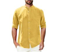 Mens Linen Shirts Grandad Collar Long Sleeve Summer Shirt for Men Uk Button down Hip-Hop Beach Holiday Wedding Tops with Pocket Adult Outing Causal Cardigan Collared Lightweight Hawaii T-Shirts