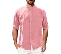 Mens Linen Shirts Grandad Collar Long Sleeve Summer Shirt for Men Uk Button down Hip-Hop Beach Holiday Wedding Tops with Pocket Adult Outing Causal Cardigan Collared Lightweight Hawaii T-Shirts