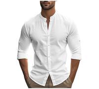 Men's Linen Shirts Grandad Collar Long Sleeve Summer Shirt for Men UK Button Down Tshirt Beach Holiday Outing Tops Adult Outing Causal Cardigan Collared Lightweight Hawaii T-Shirts S-3xl A-White