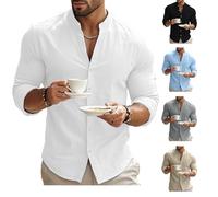 Men's Linen Shirts Grandad Collar Long Sleeve Summer Shirt for Men UK Button Down Tshirt Beach Holiday Outing Tops Adult Outing Causal Cardigan Collared Lightweight Hawaii T-Shirts S-3xl A-White
