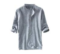 Mens Linen Shirts Henley 3/4 Sleeve Casual Cotton T-Shirt Regular-Fit Lightweight Beach Yoga Tunic Tops(Blue,XX-Large)