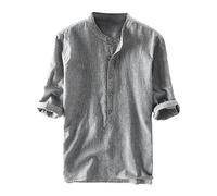 Mens Linen Shirts Henley 3/4 Sleeve Casual Cotton T-Shirt Regular-Fit Lightweight Beach Yoga Tunic Tops(Grey,X-Large)