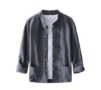 Mens Linen Shirts Long Sleeve Chinese Traditional Shirts Vintage Button Down Kung Fu Shirt Loose Fit Casual Overshirt Stand Collar Lightweight Baggy Shirt Training Overshirts Tang Suit Tops Grey