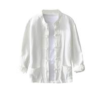 Mens Linen Shirts Long Sleeve Chinese Traditional Shirts Vintage Button Down Kung Fu Shirt Loose Fit Casual Overshirt Stand Collar Lightweight Baggy Shirt Training Overshirts Tang Suit Tops White