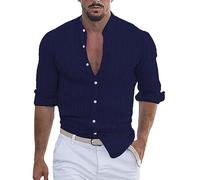 Men's Linen Shirts Long Sleeve Soft Pullover Tops Color Buttons Hippie Shirt Pocket Smart V-Neck Summer Casual Tshirt Regular Fit Ribbed Autumn Breathable Moisture Wicking Holiday Loungewear Navy