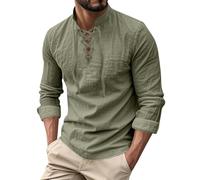 Mens Linen Shirts Long Sleeve V Neck Lace Up Beach Tee Shirts Lightweight Casual Regular Fit Holiday Tops(Army Green, L)