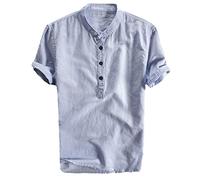 Mens Linen Shirts - Mens Button Down Grandad Shirt Short Sleeved Plain Hawaiian T Shirts Men's Hippie Shirts Grandad Collar T-Shirts for Men Lightweight Holiday Yoga Tops Blue
