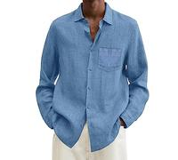 Mens Linen Shirts - Mens Long Sleeved Button Down T Shirts Casual Men's Summer T-Shirts Lightweight Hawaiian Beach Hippie Shirts for Men Grandad Collar Tee with Pocket Sky Blue,5XL
