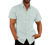 Mens Linen Shirts Short Sleeve Button Down Shirts Regular Fit Casual Smart Lapel Collar Cotton Linen Blouse Tops Solid Summer Beach Hawaiian Grandad Shirt with Double Pocket