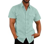 Mens Linen Shirts Short Sleeve Button Down Shirts Regular Fit Casual Smart Lapel Collar Cotton Linen Blouse Tops Solid Summer Beach Hawaiian Grandad Shirt with Double Pocket Mint Green