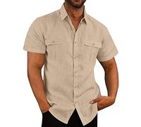 Mens Linen Shirts Short Sleeve Button Down Shirts UK Regular Fit Casual Smart Lapel Collar Cotton Linen Blouse Tops Solid Summer Beach Hawaiian Grandad Shirt with Double Pocket Beige