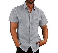 Mens Linen Shirts Short Sleeve Button Down Shirts UK Regular Fit Casual Smart Lapel Collar Cotton Linen Blouse Tops Solid Summer Beach Hawaiian Grandad Shirt with Double Pocket Gray