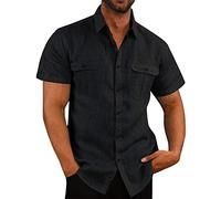 Mens Linen Shirts Short Sleeve Button Down Shirts UK Regular Fit Casual Smart Lapel Collar Cotton Linen Blouse Tops Solid Summer Beach Hawaiian Grandad Shirt with Double Pocket Black