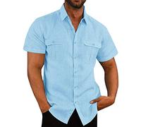 Mens Linen Shirts Short Sleeve Button Down Shirts UK Regular Fit Casual Smart Lapel Collar Cotton Linen Blouse Tops Solid Summer Beach Hawaiian Grandad Shirt with Double Pocket Light Blue