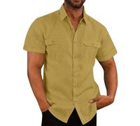 Mens Linen Shirts Short Sleeve Button Down Shirts UK Sale Clearance Regular Fit Casual Smart Lapel Collar Cotton Linen Blouse Tops Solid Summer Beach Hawaiian Grandad Shirt with Double Pocket