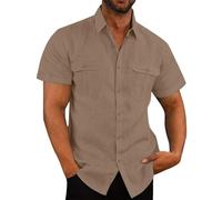 Mens Linen Shirts Short Sleeve Button Down Shirts UK Sale Clearance Regular Fit Casual Smart Lapel Collar Cotton Linen Blouse Tops Solid Summer Beach Hawaiian Grandad Shirt with Double Pocket Brown