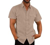 Mens Linen Shirts Short Sleeve Button Down Shirts UK Sale Clearance Regular Fit Casual Smart Lapel Collar Cotton Linen Blouse Tops Solid Summer Beach Hawaiian Grandad Shirt with Double Pocket Coffee