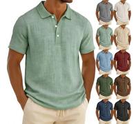 Mens Linen Shirts Short Sleeve Lapel Button Down Polo Shirt Lightweight Breathable Summer T Shirt Casual Poloshirt V Neck Golf Tops Regular Fit Summer Beach Blouse Daily Wear Holiday Mint Green