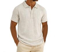 Mens Linen Shirts Short Sleeve Lapel Button Down Polo Shirt Lightweight Breathable Summer T Shirt Casual Poloshirt V Neck Golf Tops Regular Fit Summer Beach Blouse Daily Wear Holiday White