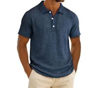 Mens Linen Shirts Short Sleeve Lapel Button Down Polo Shirt Lightweight Breathable Summer T Shirt Casual Poloshirt V Neck Golf Tops Regular Fit Summer Beach Blouse Daily Wear Holiday Blue