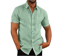 Mens Linen Shirts Short Sleeve Plain Cotton Turn-Down Collar Summer Shirt Casual Regular Fit Shirt Lightweight Tops Fashion Tee Shirts T-Shirts for Beach Holiday Office UK Clearance Size M-XXXL Green
