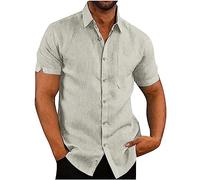 Mens Linen Shirts Short Sleeve Plain Cotton Turn-Down Collar Summer Shirt Casual Regular Fit Shirt Lightweight Tops Fashion Tee Shirts T-Shirts for Beach Holiday Office UK Clearance Size M-XXXL Beige